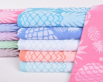 70"x36" Turquoise Pineapple Design Towel, Monogram Beach Towel, Gift For Mom, Personalized Turkish Towel, Boyfriend Gift, Family Gift Basket