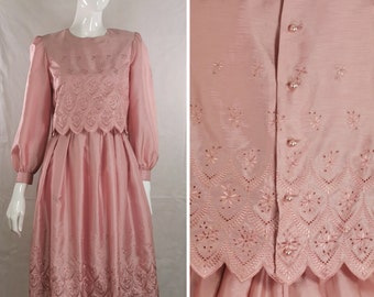 80s vintage dusky pink dollette dress - pink embroidered lolita dress - pink romantic dress - button back long sleeve dress - size s