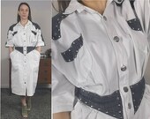 White denim batwing sleeve denim dress corset waist silver studded midi length jean dress UK 12 14 US 10 12