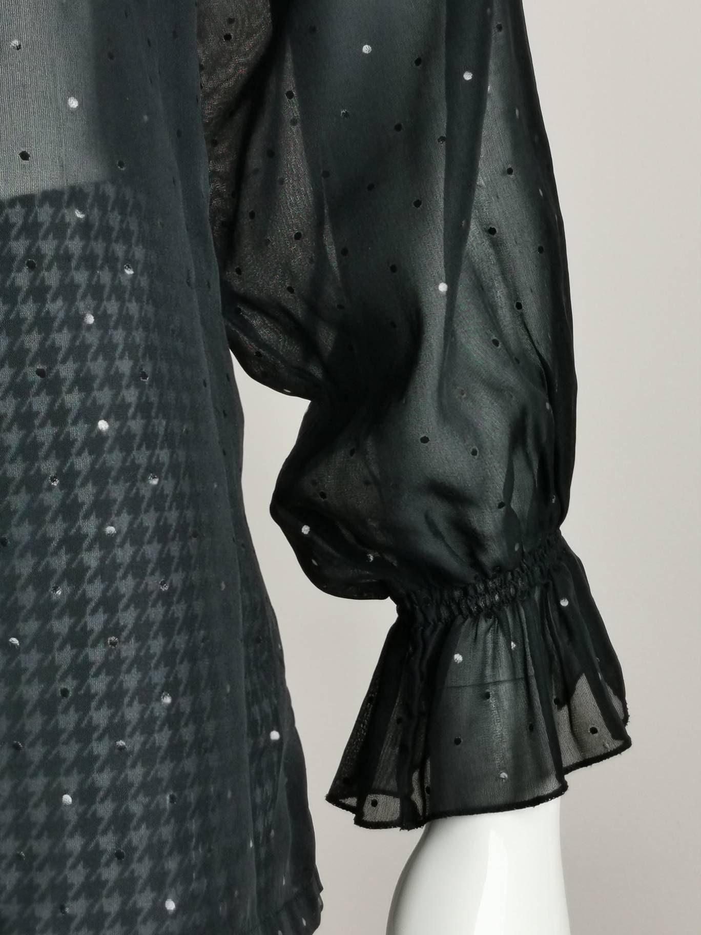 80s Vintage Dereta London Sheer Black Frilly Neck Blouse