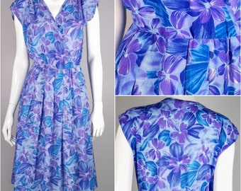 80s vintage blue purple floral sheer dress - flowery wrap dress - fit flare flower pattern tea dress - floral chiffon wedding dress - m-l 14