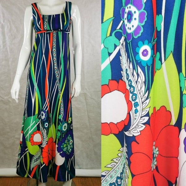 Robe maxi vintage bright flower power des années 70 - longue robe de festival boho - robe de fête psychédélique florale - robe hippie woodstock - s