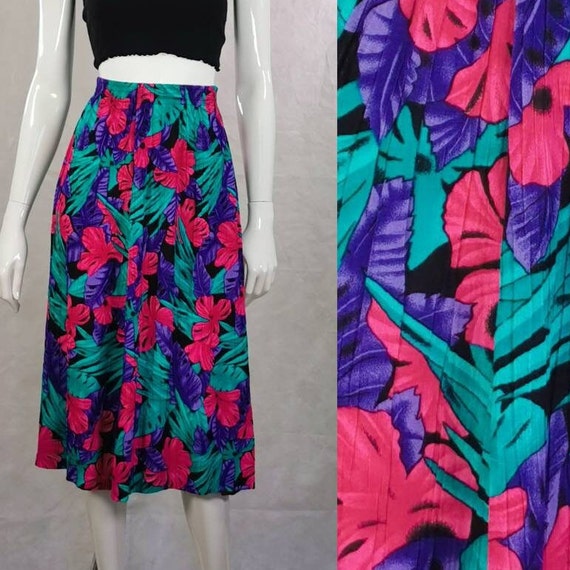 90s vintage pink purple leaf print midi skirt - s… - image 7