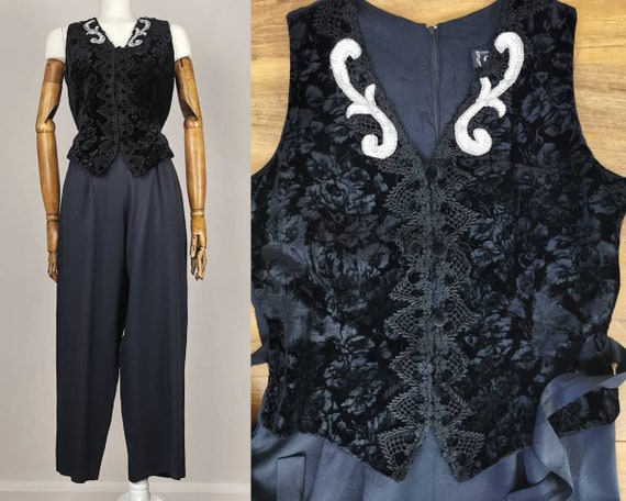 Vintage 80s Black Velvet Floral Jumpsuit Sequinned
