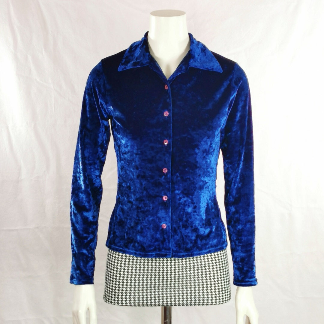 80s Vintage Deep Blue Crushed Velvet Shirt Long Sleeve Velvet Party Top