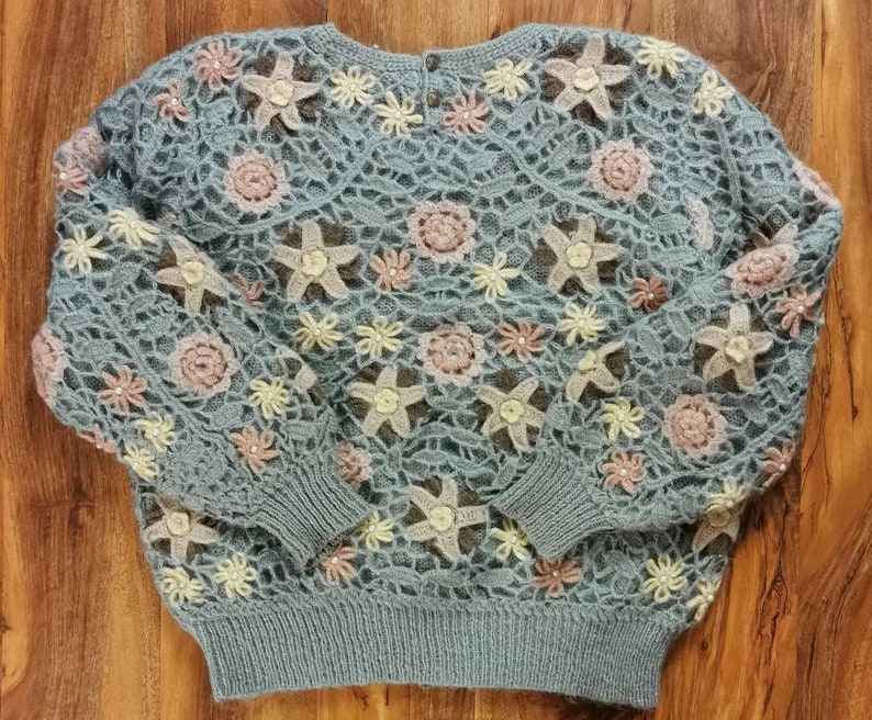 Mohair sweater crochet flowers boho top crochet sweater boho clothing 80s vintage cottagecore clothing beaded sweater baby blue