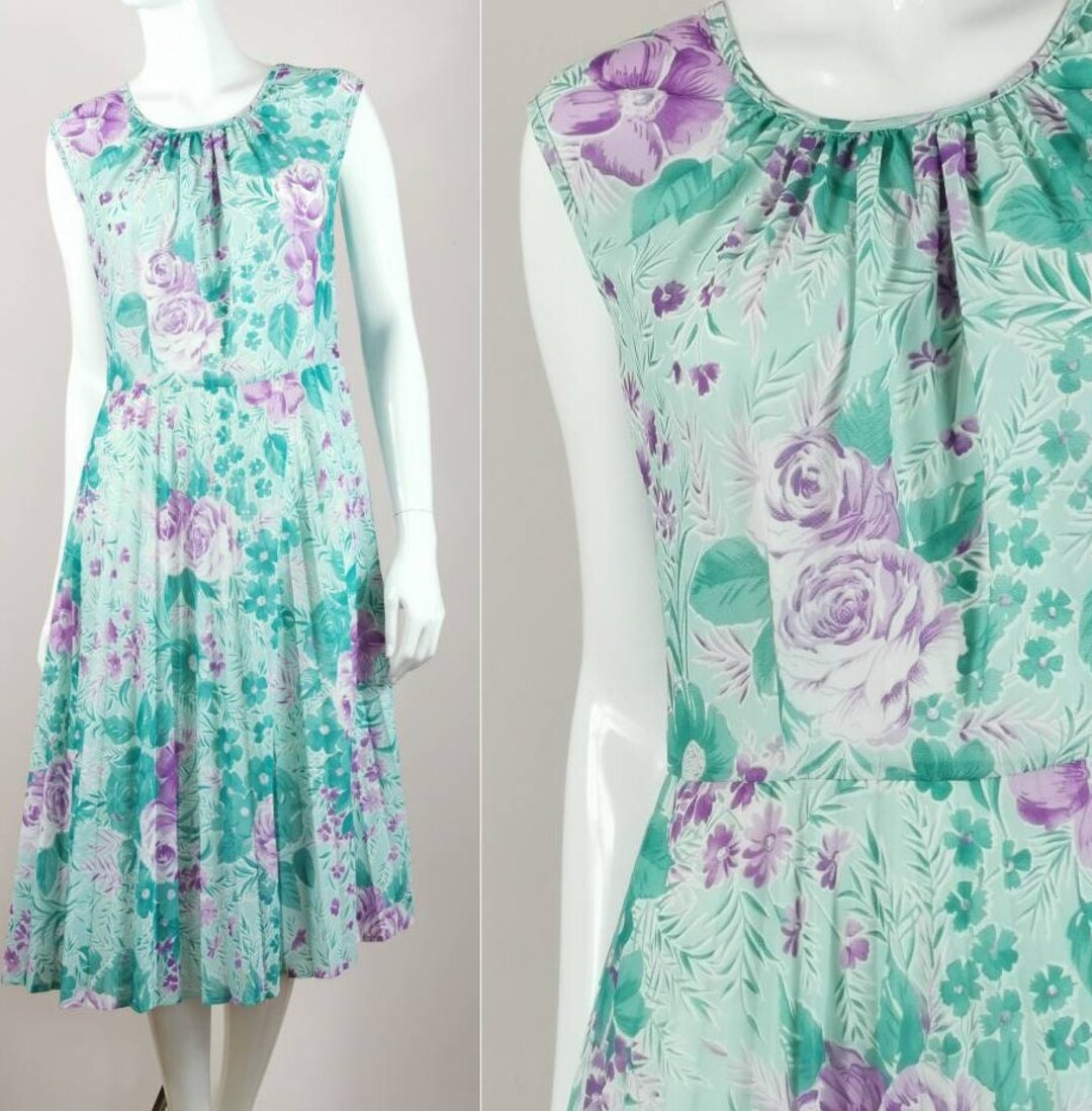 VTG 80s 'STITCHES PLUS' FLORAL GREEN BLUE RED PURPLE WRAP MIDI DRESS SMALL 8 10