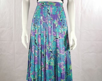 80s vintage blue purple floral pleated midi skirt - high waist flared flower skirt - wedding guest skirt - vintage flower print skirt - s/m