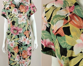 80s vintage flowery cotton shirt dress - tropical print button front tunic dress - vacation button front casual dress - m - l