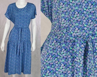 80s vintage blue floral midi dress - flower print cottage dress - tie waist floral boho dress - button detail garden party tea dress - m