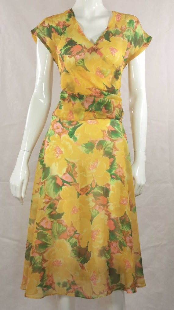 80s vintage sheer floral yellow dress - yellow wr… - image 2