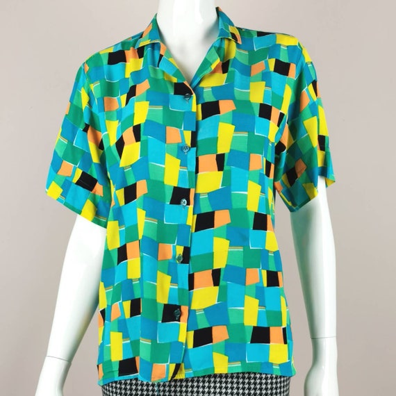 Buy 80s Vintage Abstract Print Colourful Short Sleeve Shirt Blue 