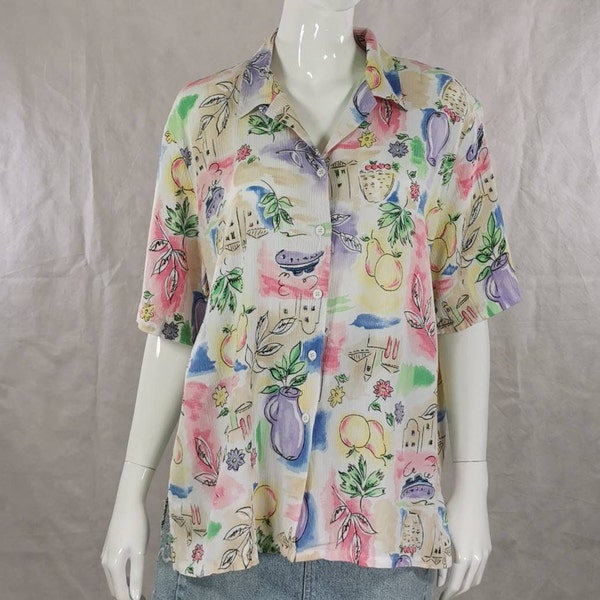 90s vintage spring short sleeve blouse - crinkle cotton vacation oversize holiday shirt - pastel fruit pattern casual top - xl