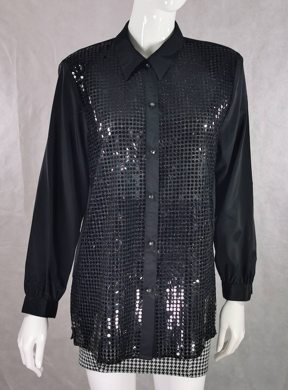 80s vintage long sleeve black sequin blouse - gli… - image 4