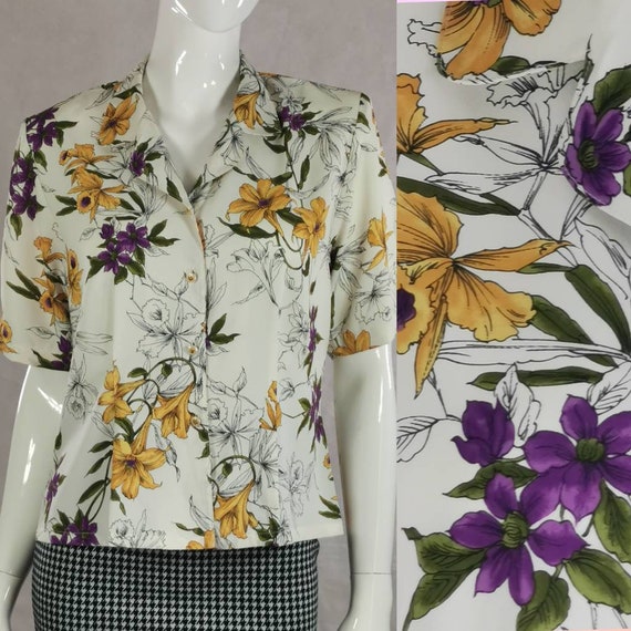 80s vintage yellow purple floral blouse - short s… - image 6