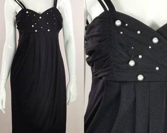 90s vintage beaded black evening dress - black strappy formal dress - cocktail dress - little black dress - short black reception dress - m