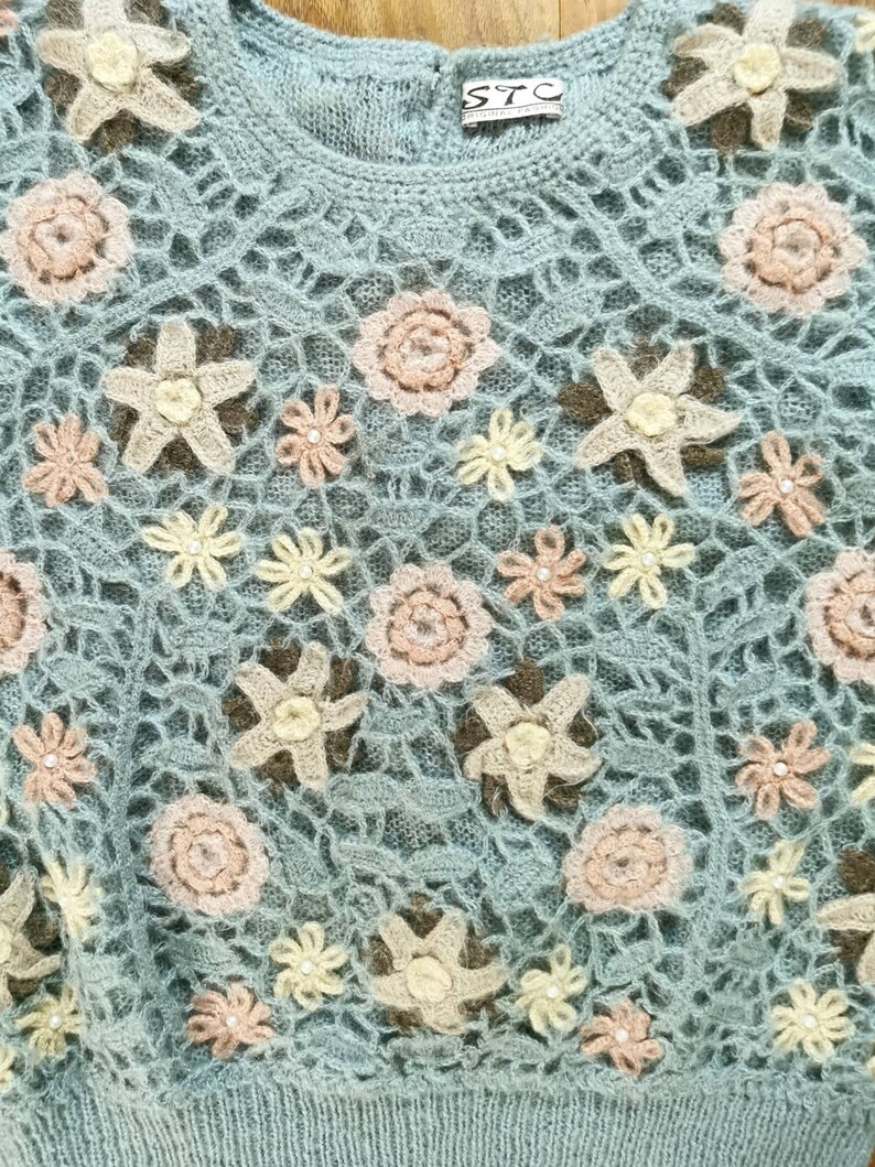 Mohair sweater crochet flowers boho top crochet sweater boho clothing 80s vintage cottagecore clothing beaded sweater baby blue