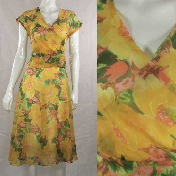 80s vintage sheer floral yellow dress - yellow wr… - image 1