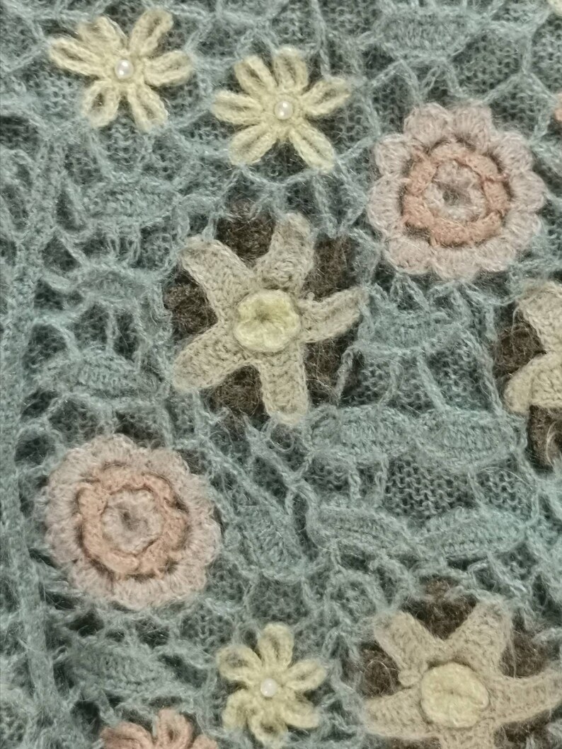 Mohair sweater crochet flowers boho top crochet sweater boho clothing 80s vintage cottagecore clothing beaded sweater baby blue
