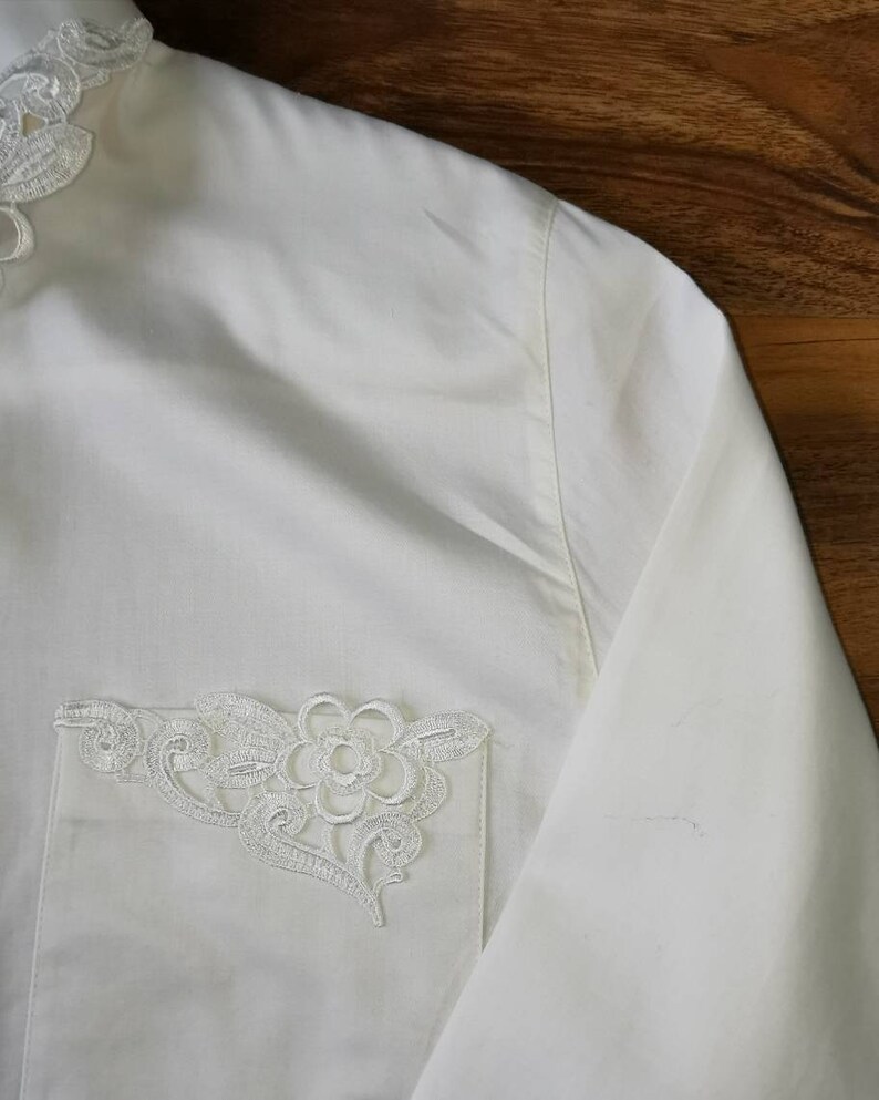 90s Shirt Button Down Lace Blouse Vintage Lace Collar Shirt
