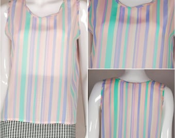 80s vintage pastel stripe shell top - sheer summer sleeveless blouse - flowy striped cami top - pink purple cami top - stripey vest top 10-s