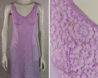 80s vintage pastel lilac nylon under slip - floral lace under dress slip - mauve full slip - nylon petticoat - vintage lingerie slip - s