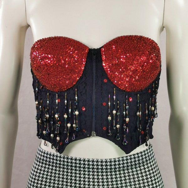 90s vintage sequin bustier crop top - carnival outfit bra top - burlesque show - cabaret strapless top - beaded festival party top - size m