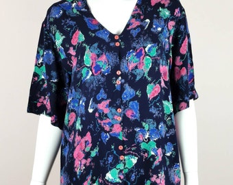 80s vintage art print abstract blouse - short sleeve pastel pattern boho blouse - pink button down blouse - m