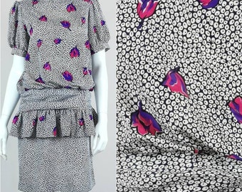 80s vintage floral cocktail mini - pink purple flower print wedding guest dress - floral party dress - race day ascot occasion dress - s