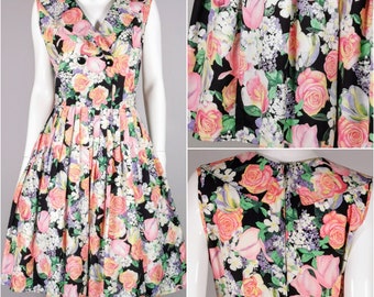 80s vintage pastel rose garden print dress - floral wedding dress - netted summer prom dress - floral ballerina day dress - 12-14 m-l