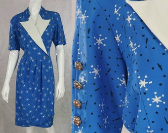 80s vintage blue wrap dress - tie waist wedding guest dress - occasion reception dress - button sleeve formal party dress - retro dress - m