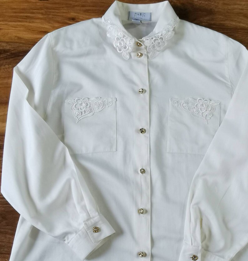 90s Shirt Button Down Lace Blouse Vintage Lace Collar Shirt