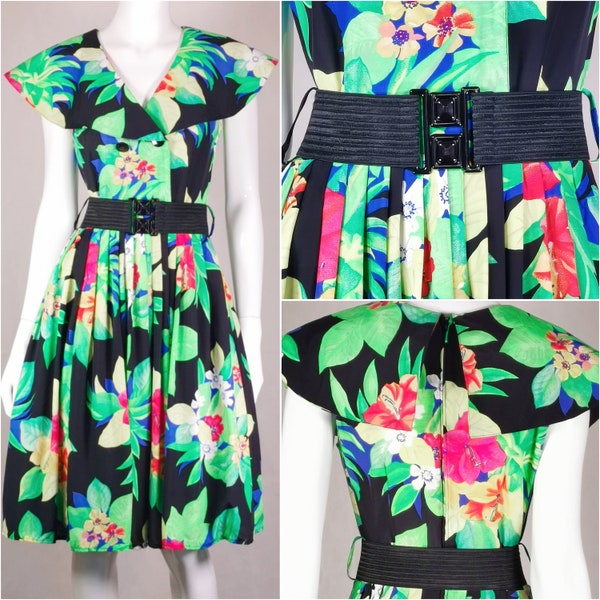 80s vintage fit flare alhoa dress - wide collar belted rockabilly dress -  hawaiian swing dress - floral net circle cocktail dress 10 - s