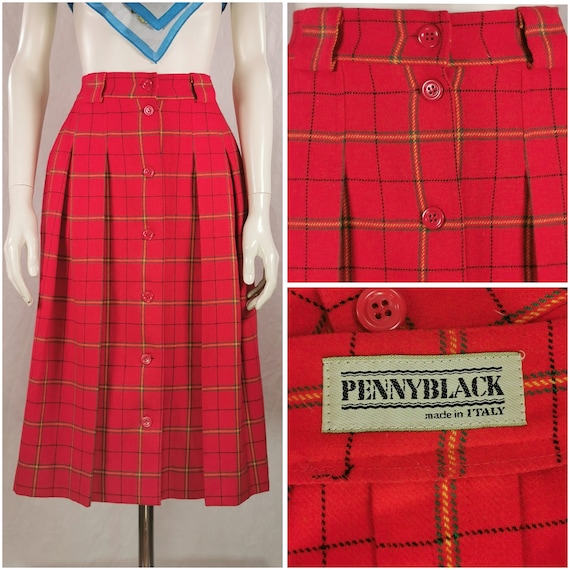 80s Vintage Italian Red Wool Midi Skirt Red Tartan Button Down Skirt Red Plaid Pleated Skirt Red Wool Autumn Winter Skirt Size M Etsy