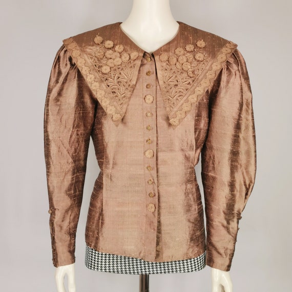 80s vintage elegant bronze pure silk blouse - bro… - image 2