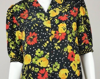 80s vintage yellow orange floral blouse - button up short sleeve flower pattern blouse - m