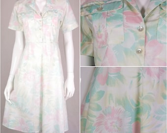 Vintage 80s shirtwaist dress - button down shirt collar dress -