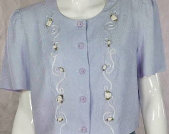 80s vintage top - rose embroidered blouse - baby blue short sleeve shirt - rose button down top - whimsical shirt - spring outfit - s