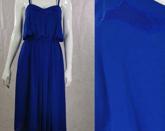80s vintage blue chiffon evening dress - royal blue cocktail dress - simple classic chic dress - wedding party dress - reception dress - m