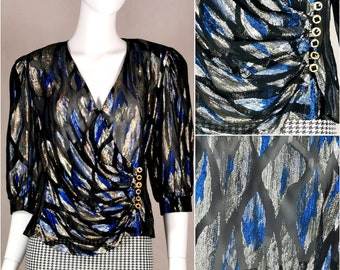 80s vintage blue silver print ruched top - metallic wrap cocktail blouse - lurex evening party top - luxury standout statement top 12 - m