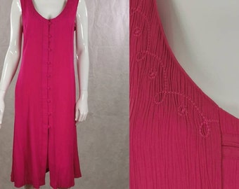 90s vintage pink button down midi dress - long sleeveless summer dress - holiday vacation dress - scoop neck embroidered maxi dress - m - l