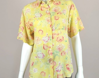 80s vintage yellow floral print short sleeve blouse - yellow short sleeve print shirt - s