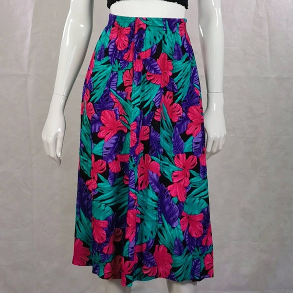 90s vintage pink purple leaf print midi skirt - s… - image 2