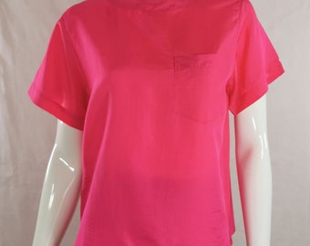 90s vintage bright pink silk blouse - pure silk hot pink top - silk evening party top - silk clothing gift - work office top - size s