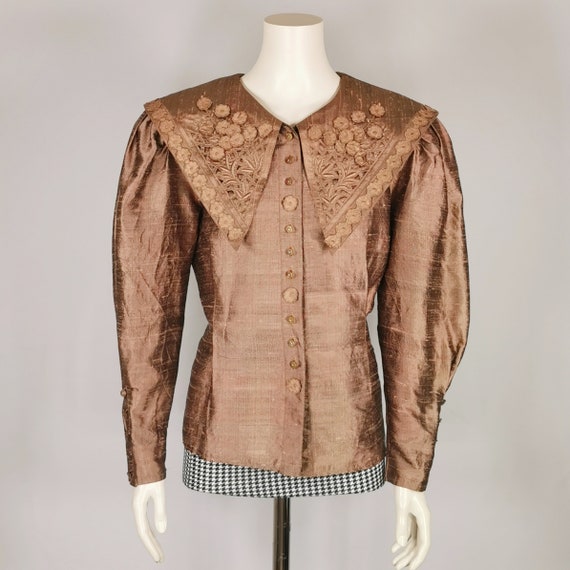 80s vintage elegant bronze pure silk blouse - bro… - image 5