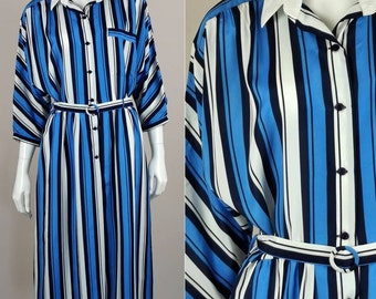 90s vintage blue white stripe print dress - button down long shirt dress - tie waist classic casual midi dress - m