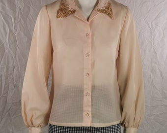 70s vintage gold embroidered blouse - cream sheer evening party top - occasion dressy shirt - 70s evening wear - size s - m