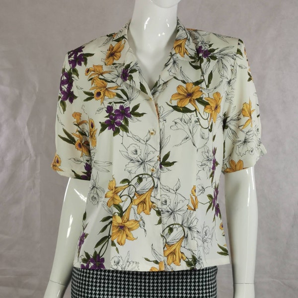 80s vintage yellow purple floral blouse - short sleeve button down flowery blouse - botanical print boho top - flower cottagecore shirt - m