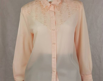 90s vintage pastel pink sheer long sleeve blouse - floral embroidered pink shirt - pearl bead embellished top - bohemian romantic blouse - s