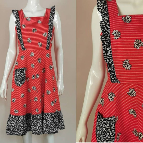 70s vintage apron dress - red prairie dress - red pinafore dress - red cotton folk dress - red black bohemian dress - cute vintage dress - s